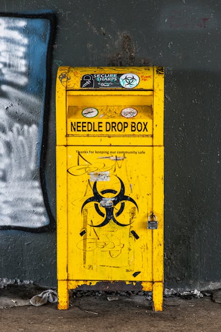 A person wearing a white hazmat suit with orange stripes, protective goggles, and a black respirator mask stands in an outdoor landfill site or rubbish dump. They are holding a yellow plastic containe